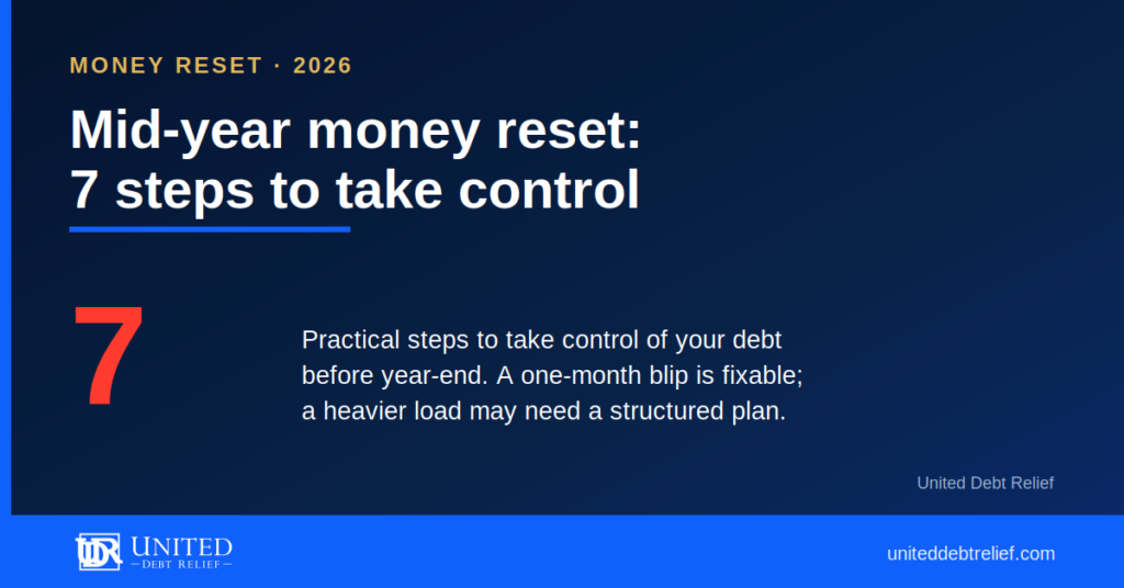 United Debt Relief graphic, Mid-Year Money Reset, seven steps to take control of your debt in 2026.