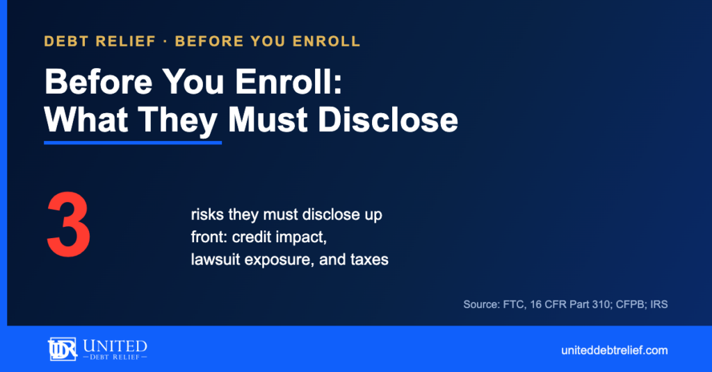 United Debt Relief navy and gold blog graphic headlined Before You Enroll, What They Must Disclose, with a large red 3 stat for the risks a company must disclose up front: credit impact, lawsuit exposure and taxes.