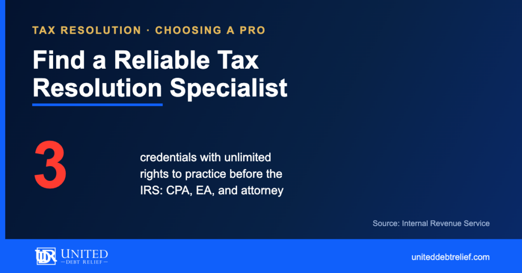 United Debt Relief navy and gold blog graphic headlined Find a Reliable Tax Resolution Specialist, with a large red 3 stat for the credentials carrying unlimited rights to practice before the IRS.