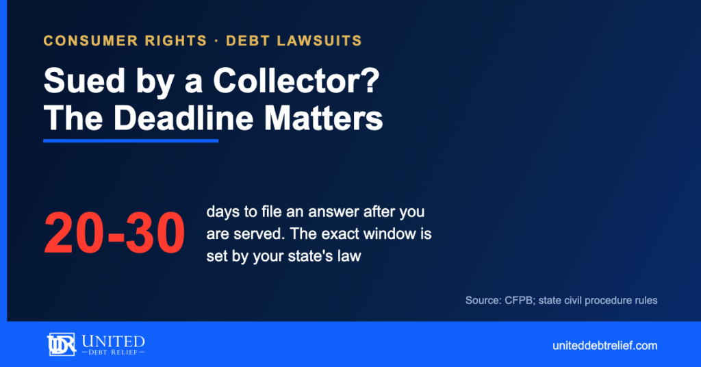 United Debt Relief navy and gold blog graphic headlined Sued by a Collector, The Deadline Matters, with a large red 20-30 stat for the days to file an answer after being served, a window set by state law.