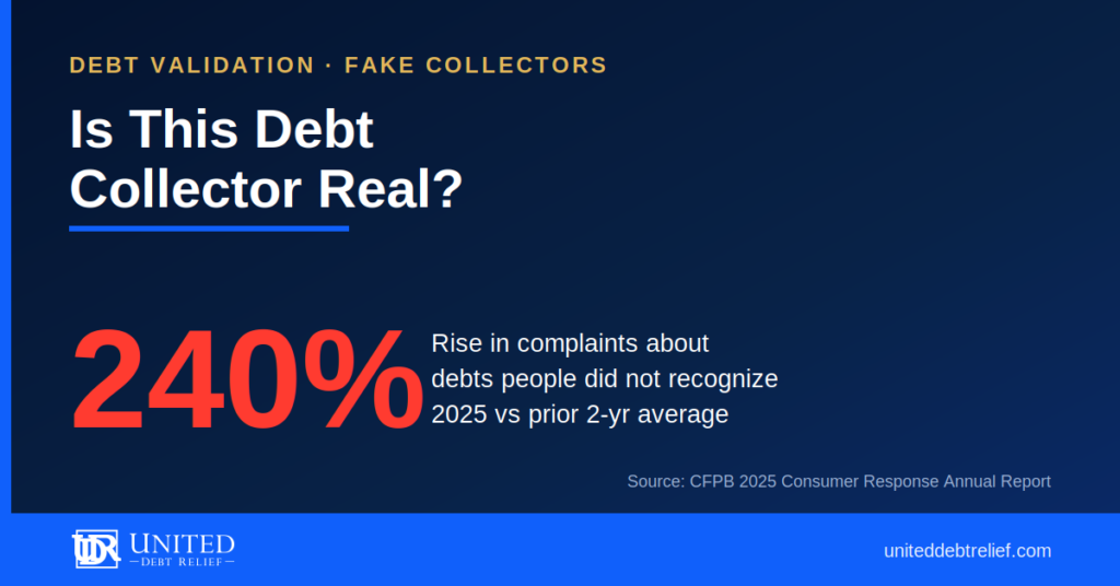 Graphic reading Is This Debt Collector Real, showing that complaints about debts consumers did not recognize rose 240% in 2025 versus the prior two-year monthly average, according to the CFPB 2025 Consumer Response Annual Report.