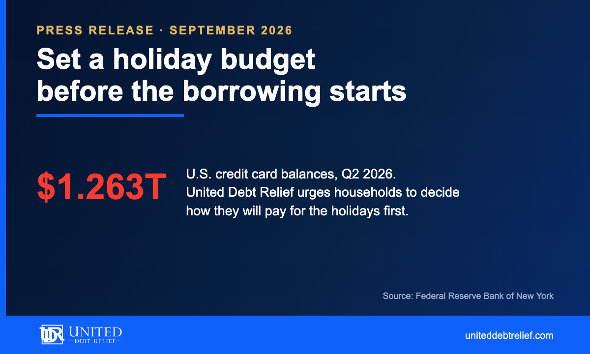United Debt Relief press release cover on setting a holiday budget before the borrowing starts, noting U.S. credit card balances of 1.263 trillion dollars in the second quarter of 2026.